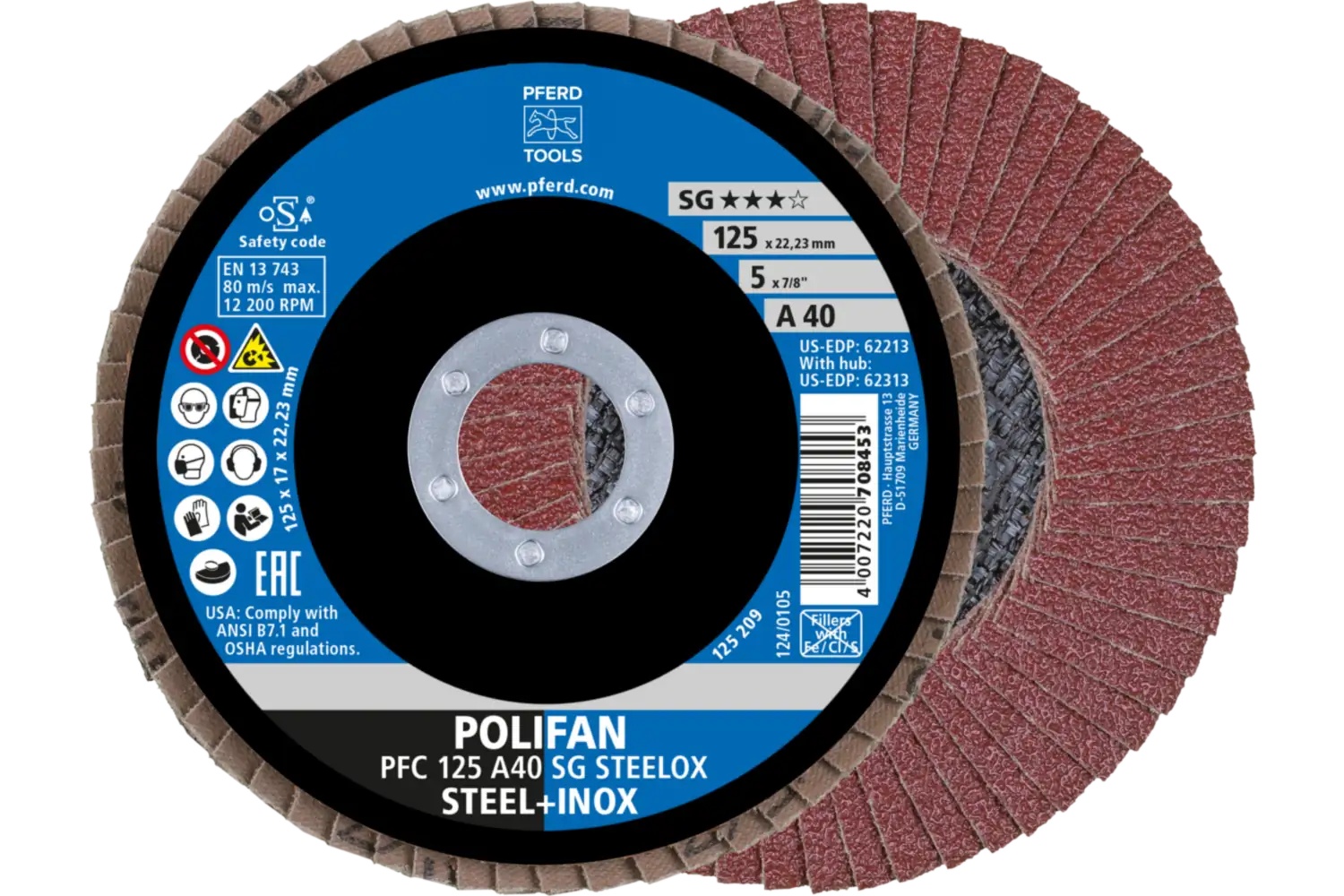 Picture of Pferd Flap Disc, 5" x 7/8, A SG Steelox, 40 Grit, T29, Conical, Aluminum oxide